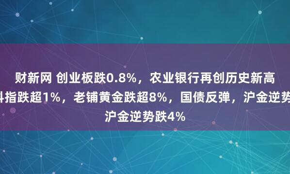 财新网 创业板跌0.8%，农业银行再创历史新高，恒科指跌超1%，老铺黄金跌超8%，国债反弹，沪金逆势跌4%